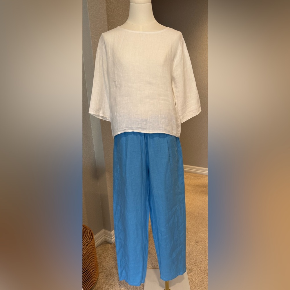 Eileen Fisher Sky Blue 100% Organic Linen Lantern Pant w/ Pockets - Picture 11 of 13